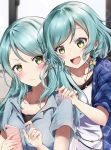  2girls :d aqua_hair bang_dream! blue_shirt blush bow cellphone collarbone fang frown green_eyes hair_bow hand_on_another&#039;s_shoulder hand_on_another's_shoulder highres hikawa_hina hikawa_sayo holding holding_phone jewelry long_hair mia_(fai1510) multiple_girls necklace open_mouth phone plaid plaid_shirt shirt short_hair short_sleeves siblings side_braids sisters smartphone smile twins upper_body v-shaped_eyebrows white_shirt yellow_bow 