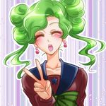  bishoujo_senshi_sailor_moon blush bow closed_eyes earrings green_hair jewelry kiraki mugen_gakuen_school_uniform purple_background ribbon school_uniform serafuku short_hair smile solo star starry_background striped striped_background tellu_(sailor_moon) twintails v vertical-striped_background vertical_stripes witches_5 