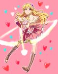  aikatsu! aikatsu!_(series) arrow blonde_hair blush boots bow_(weapon) clearite drawing_bow gloves hair_ribbon holding holding_arrow holding_bow_(weapon) holding_weapon hoshimiya_ichigo long_hair looking_at_viewer red_eyes ribbon smile solo weapon 