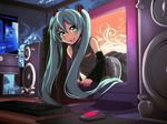  blush computer detached_sleeves green_eyes green_hair hatsune_miku highres keyboard_(computer) long_hair looking_at_viewer mouse_(computer) necktie open_mouth smile solo through_screen tom_(drpow) twintails very_long_hair vocaloid 