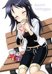  bench black_hair blush casual cellphone_charm character_name closed_eyes crepe drink eating food girls_und_panzer long_hair ootori_masatsuna phone sitting sleeves_rolled_up smile solo yamagou_ayumi 