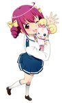  ahoge bow candy_(smile_precure!) hair_bow hoshizora_miyuki kneehighs looking_at_viewer mattaku_mousuke nanairogaoka_middle_school_uniform necktie open_mouth pink_bow pink_eyes pink_hair pink_neckwear precure school_uniform short_hair simple_background smile smile_precure! white_background 