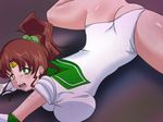  1girl ass bishoujo_senshi_sailor_moon breast_press breasts brown_hair elbow_gloves gloves green_eyes highres huge_breasts kino_makoto long_hair looking_at_viewer lying mitsuki_no_nanoka on_stomach open_mouth ponytail sailor_jupiter solo tears thighs 