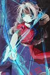  absurdres aiming arrow bad_id bad_pixiv_id blue_eyes bow_(weapon) braid crazy_eyes drawing_bow hat highres holding holding_arrow holding_bow_(weapon) holding_weapon long_hair nail_polish nurse_cap outstretched_arm sakamoto_(pompa) silver_hair single_braid solo touhou weapon white_hair yagokoro_eirin 