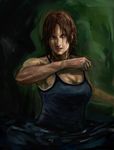  bad_id bad_pixiv_id bare_shoulders breasts brown_hair cleavage faux_traditional_media highres kontsune lara_croft large_breasts lips messy_hair nose solo tank_top tomb_raider tomb_raider_(reboot) 