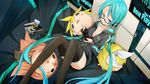  aqua_eyes aqua_hair bespectacled controller fu-ta game_controller glasses handheld_game_console hatsune_miku headphones kagamine_len kagamine_rin long_hair megurine_luka playstation_vita reclining smile solo thighhighs twintails very_long_hair vocaloid 