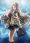  backlighting bag blue_eyes blurry bokeh bow brown_hair cardigan dated depth_of_field floating_hair fuwa_aika highres hime_cut jane_mere kneehighs long_hair pleated_skirt school_bag school_uniform serafuku signature skewer skirt smile solo very_long_hair zetsuen_no_tempest 