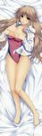  absurdres bare_legs barefoot bed_sheet breasts brown_eyes brown_hair cleavage collarbone competition_swimsuit covering covering_breasts dakimakura dress_shirt from_above highres huge_filesize iizuki_tasuku large_breasts legs long_hair long_sleeves looking_at_viewer lovely_x_cation lying no_bra no_panties on_back one-piece_swimsuit open_clothes open_shirt shirt solo swimsuit toes tsukioka_misasa 