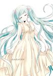  39 absurdres aqua_hair artist_name bad_id bad_pixiv_id closed_eyes dress earrings hatsune_miku highres jewelry kotokoto_(vibgyor) long_hair simple_background skirt_hold smile solo twintails very_long_hair vocaloid white_background 