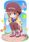  1girl argyle argyle_legwear black_hat brown_hair brown_legwear bug butterfly cabbie_hat full_body green_eyes hat insect jacket leia_rolando magnifying_glass shoes short_hair shorts solo squatting surprised tales_of_(series) tales_of_xillia tales_of_xillia_2 thighhighs usamata 