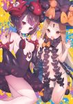  2girls :d abigail_williams_(fate/grand_order) bangs black_bow black_dress black_hat black_panties blonde_hair bow breasts brown_hair claw_pose closed_mouth commentary_request dress fate/grand_order fate_(series) fingernails hair_ornament hands_up hat hat_bow katsushika_hokusai_(fate/grand_order) long_hair looking_at_viewer medium_breasts multiple_girls open_mouth orange_bow panties parted_bangs polka_dot polka_dot_bow red_eyes revealing_clothes smile strapless strapless_dress stuffed_animal stuffed_toy suzuho_hotaru teddy_bear topless underwear very_long_hair witch_hat 