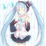  39 blue_eyes blue_hair bow bowtie detached_sleeves hand_on_hip hatsune_miku headset kohaku. long_hair one_eye_closed pointing skirt solo striped striped_background twintails vertical-striped_background vertical_stripes very_long_hair vocaloid 