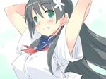  armpits arms_up black_hair blush breasts covered_nipples flower hair_flower hair_ornament large_breasts long_hair petenshi_(dr._vermilion) sakugawa_school_uniform saten_ruiko school_uniform serafuku solo to_aru_kagaku_no_railgun to_aru_majutsu_no_index 