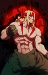  abs alex_(street_fighter) blonde_hair blue_eyes clenched_hand facial_tattoo fighting_stance fingerless_gloves gloves headband male_focus muscle overalls robert_porter shirtless solo street_fighter street_fighter_iii_(series) tattoo 
