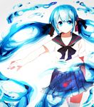  blue_eyes blue_hair bottle_miku fish hair_ribbon hatsune_miku liquid_hair long_hair ribbon school_uniform serafuku skirt solo thigh_gap thighhighs twintails vocaloid water yuippe 