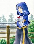  blue_eyes blue_hair breasts crossed_arms hood jewelry kawachi_koorogi kesa kumoi_ichirin marker marker_(medium) medium_breasts pendant solo touhou traditional_media 