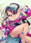  breasts bursting_breasts censored cleavage convenient_censoring floral_print highres hochikisu japanese_clothes kimono large_breasts legs long_hair lying original purple_hair solo thighs yukata 