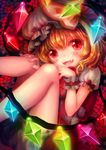  :d blonde_hair bloomers blush curled_up dress fangs flandre_scarlet glowing glowing_wings hand_on_own_knee hat hat_ribbon looking_at_viewer nishiki_koi open_mouth puffy_sleeves red_dress red_eyes ribbon short_sleeves smile solo touhou underwear wings wrist_cuffs 