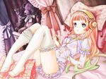  bed blue_eyes bow digital_media_player frills gradient_hair hane_segawa headphones ipod long_hair multicolored_hair no_shoes orange_hair original pillow ribbon stuffed_animal stuffed_toy teddy_bear thighhighs white_legwear 