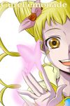  :d bangs blonde_hair bloom brown_eyes bug butterfly character_name close-up cure_lemonade drill_hair face flower glowing hair_ribbon hands high_collar highres insect kasugano_urara_(yes!_precure_5) long_hair magical_girl nishi_koutarou open_mouth out_of_frame portrait precure ribbon rose simple_background sleeves_past_wrists smile solo twin_drills twintails white_background yes!_precure_5 