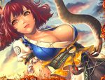  arms_behind_back breasts brown_eyes bteele cleavage cloud dutch_angle embellished_costume hair_bobbles hair_ornament large_breasts lips no_bra onozuka_komachi red_hair scythe short_hair solo touhou upper_body 