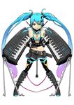  bad_id bad_pixiv_id belt bikini_top blue_eyes blue_hair boots breasts cleavage crossed_arms dual_wielding elbow_gloves fingerless_gloves full_body gloves gradient_hair grin hatsune_miku headphones heterochromia holding instrument keyboard_(instrument) knee_boots long_hair looking_at_viewer medium_breasts multicolored_hair musical_note navel red_eyes simple_background skirt smile solo tattoo thighhighs tokumaro twintails very_long_hair vocaloid white_background 