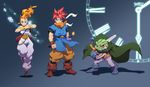  2boys blue_eyes cape chrono_trigger crono earrings frog full_body headband highres jewelry kaeru_(chrono_trigger) long_hair marle multiple_boys orange_hair ponytail red_hair robert_porter sheath sheathed spiked_hair standing standing_on_one_leg sword tiptoes weapon yellow_eyes 