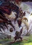  &gt;_&lt; 1boy adiyos animal_ears armor barrel battle blue_eyes bomb capcom dragon epic eyes_closed felyne highres monster monster_hunter rathalos scales sword tail teeth tongue weapon wings 