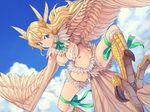  blonde_hair blue_eyes breasts claws cloud day feathered_wings feathers green_ribbon hair_ornament harpy jajala large_breasts leg_ribbon long_hair monster_girl neck_ribbon original ribbon sky solo wings 