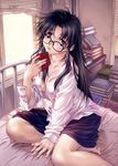  absurdres barefoot bed black_hair book breasts cleavage crooked_eyewear dress_shirt glasses highres long_hair medium_breasts messy_hair read_or_die shirt solo uon_taraku yomiko_readman 