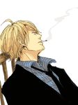  1boy black_suit blonde_hair blue_shirt chair formal looking_away male male_focus necktie one_piece sanji shirt sitting slouch smoking solo suit 