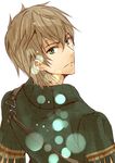  atelier_(series) atelier_ayesha bad_id bad_pixiv_id brown_hair green_eyes hachimoto juris_grunden light_particles looking_back male_focus simple_background solo upper_body white_background 