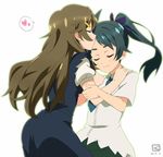  brown_hair closed_eyes docking_(vividred_operation) forehead_kiss green_hair kiss kueru_(yuuki_tamerawanai) long_hair multiple_girls ponytail saegusa_wakaba shinomiya_himawari vividred_operation yuri 