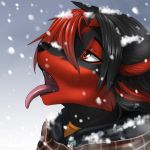  2017 canine close-up clothing eliana-asato fur male mammal red_eyes red_fur snow snowfall snowflake tongue winter wolf 