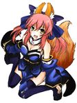  animal_ears bare_shoulders blue_legwear bow breasts clog_sandals detached_sleeves fate/extra fate_(series) fox_ears fox_tail hair_bow hair_ribbon japanese_clothes medium_breasts open_mouth pink_hair ribbon smile solo tail tamamo_(fate)_(all) tamamo_no_mae_(fate) tamiczan thighhighs twintails yellow_eyes 