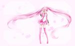  ahoge boots detached_sleeves floating_hair haruyo_(imokenp) hatsune_miku headset highres long_hair necktie open_mouth pink_eyes pink_footwear pink_hair sakura_miku skirt solo thigh_boots thighhighs twintails very_long_hair vocaloid 