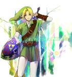  blonde_hair blue_eyes copyright_name earrings fujino_ko gloves hat holding holding_sword holding_weapon jewelry left-handed link master_sword pointy_ears ready_to_draw shield sword sword_behind_back the_legend_of_zelda the_legend_of_zelda:_ocarina_of_time weapon weapon_on_back 