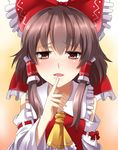  ascot bad_id bad_pixiv_id bare_shoulders blush bow brown_eyes brown_hair detached_sleeves e.o. hair_bow hair_tubes hakurei_reimu highres long_hair open_mouth sidelocks smile solo touhou upper_body 