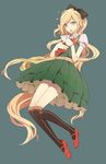  blonde_hair bookcage bow braid cup danganronpa dress green_eyes hair_bow hair_ribbon kneehighs long_hair open_mouth ponytail puffy_sleeves ribbon solo sonia_nevermind super_danganronpa_2 tea teacup 