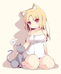  animal_ears bare_shoulders barefoot blonde_hair blush breasts cat cat_ears cleavage collar heart large_breasts long_hair naked_towel original red_eyes saru sitting smile solo spoken_heart towel vivi_(saru) 