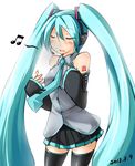  39 2013 aqua_hair closed_eyes dated detached_sleeves hatsune_miku headset kaminagi_(kaminagi-tei) long_hair musical_note necktie simple_background skirt solo thighhighs twintails very_long_hair vocaloid white_background 