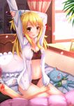  1boy 1girl :3 arms_up bad_id bad_pixiv_id black_bra black_panties blonde_hair blush book bow bow_bra bow_panties bra breasts brown_eyes cat cleavage closed_eyes dress_shirt fairy_tail frills happy_(fairy_tail) heart highres lingerie long_hair lucy_heartfilia medium_breasts natsu_dragneel navel no_pants on_bed open_clothes open_shirt panties picture_frame pillow ribbon scarf shirt sleeping swordsouls underwear 