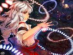  bow bteele danmaku flying fujiwara_no_mokou full_moon gap hair_bow hakurei_reimu imperishable_night long_hair moon multiple_girls no_headwear profile red_eyes shirt silver_hair sleeves_folded_up solo_focus suspenders touhou white_shirt yakumo_ran yakumo_yukari 