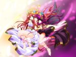  ankle_lace-up barefoot bracelet chain chaos_venus_(p&amp;d) cross-laced_footwear dual_persona green_eyes hair_tubes headdress jewelry long_hair multicolored_hair multiple_girls pink_hair purple_hair puzzle_&amp;_dragons red_hair shinooka_itsuya venus_(p&amp;d) 