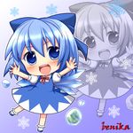  artist_name bad_id bad_pixiv_id benika_(benikaone) blue_eyes blue_hair blush bow chibi cirno dress frog frozen frozen_frog gradient gradient_background hair_bow ice ice_wings looking_at_viewer open_mouth outstretched_hand short_hair smile snowflakes solo touhou wings zoom_layer 