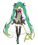  bow bowtie elbow_gloves fingerless_gloves gloves green_eyes green_hair hatsune_miku long_hair microphone microphone_stand open_mouth simple_background skirt solo thighhighs twintails very_long_hair vocaloid white_background yuuya_(n-m-t) 