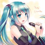  39 aqua_eyes aqua_hair character_name detached_sleeves hatsune_miku itou_nanami long_hair microphone nail_polish necktie open_mouth solo twintails vocaloid 