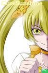  blonde_hair bloom bow character_name choker closed_mouth cure_sunshine hair_ribbon heart heartcatch_precure! highres long_hair magical_girl myoudouin_itsuki nishi_koutarou orange_bow orange_choker out_of_frame portrait precure ribbon simple_background smile solo twintails white_background yellow_eyes 