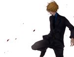  1boy black_suit blonde_hair blue_shirt cigarette fighting_stance formal hair_over_eyes kicking male male_focus necktie one_piece pinstripe_pattern sanji shirt simple_background smoking solo suit white_background 