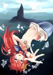  1girl blue_eyes falling long_hair mermaid monster_girl navel original red_hair solo underwater wakuwakusan water wk. wk_(low-f) 